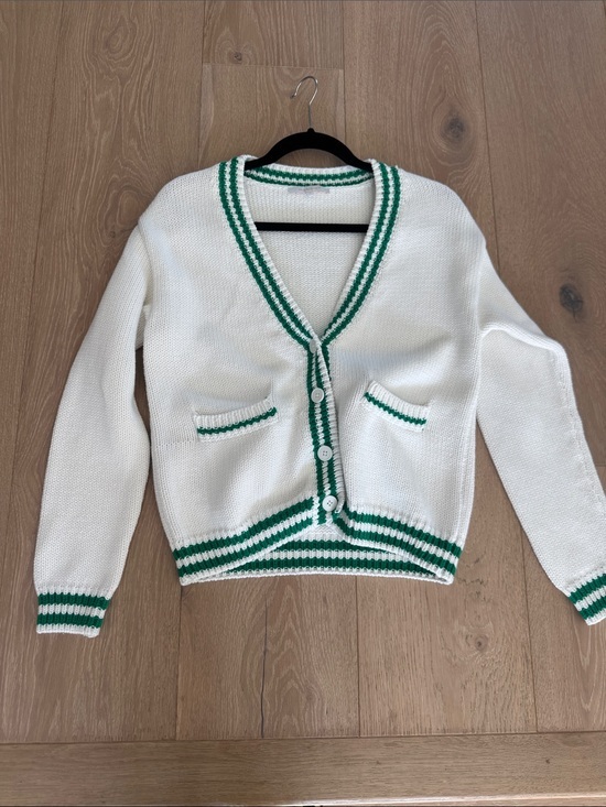 Olivaceous Sweaters - Olivaceous Cream V-Neck Cardigan with Green Trim